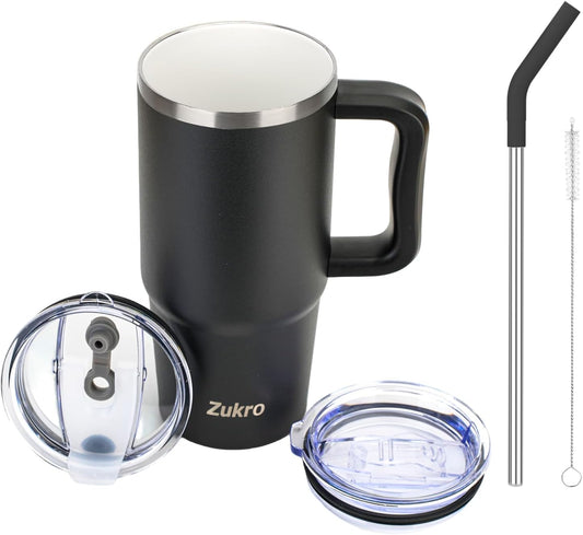 Zukro 24 oz Ceramic Lined Insulated Tumbler with Handle and Straw, Black | No Metal Taste, Double Wall Stainless Steel Coffee Cup for Home/Office, Spill Proof Lid, No Sweat, Keep Drinks Hot or Cold