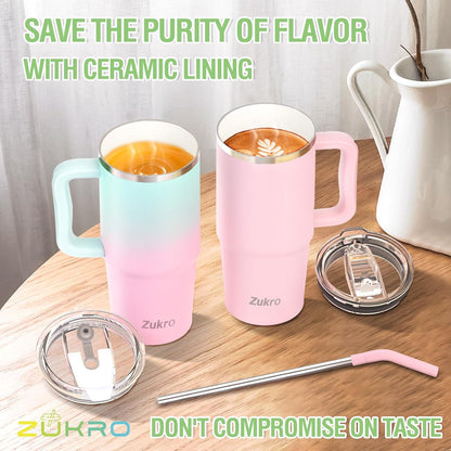 Zukro 24 oz Ceramic Lined Insulated Tumbler with Handle and Straw, Black | No Metal Taste, Double Wall Stainless Steel Coffee Cup for Home/Office, Spill Proof Lid, No Sweat, Keep Drinks Hot or Cold