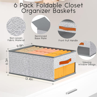 Clothes Organizers and Storage - 4/5/7 Grids Fabric Jeans Organizer with Handles, Foldable Closet Organizers Dividers, Wardrobe organizer for Pant, Sweater, T-shirt, Scarf, Pale Grey