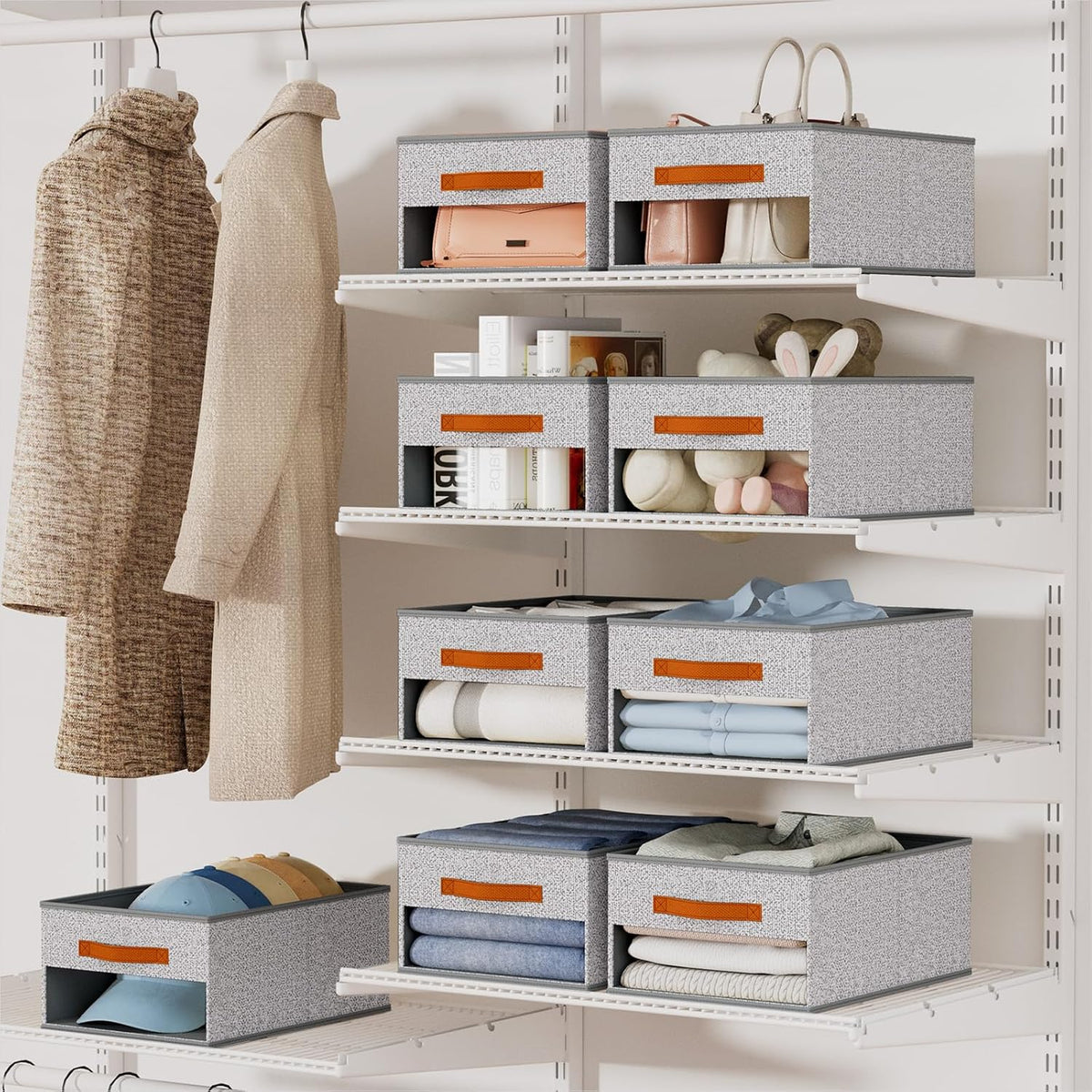 Clothes Organizers and Storage - 4/5/7 Grids Fabric Jeans Organizer with Handles, Foldable Closet Organizers Dividers, Wardrobe organizer for Pant, Sweater, T-shirt, Scarf, Pale Grey