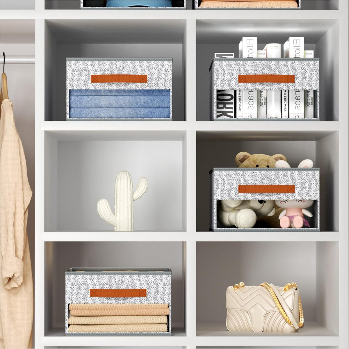 Clothes Organizers and Storage - 4/5/7 Grids Fabric Jeans Organizer with Handles, Foldable Closet Organizers Dividers, Wardrobe organizer for Pant, Sweater, T-shirt, Scarf, Pale Grey