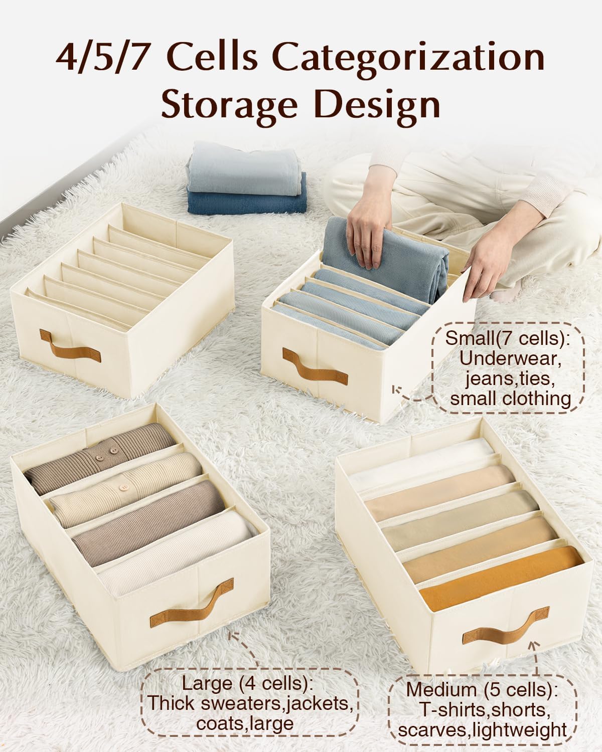Clothes Organizers and Storage - 4/5/7 Grids Fabric Jeans Organizer with Handles, Foldable Closet Organizers Dividers, Wardrobe organizer for Pant, Sweater, T-shirt, Scarf, Pale Grey