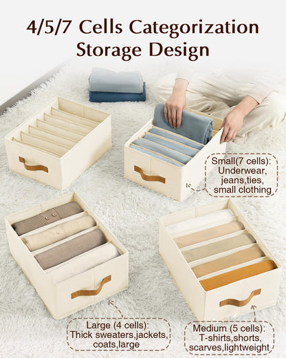 Clothes Organizers and Storage - 4/5/7 Grids Fabric Jeans Organizer with Handles, Foldable Closet Organizers Dividers, Wardrobe organizer for Pant, Sweater, T-shirt, Scarf, Pale Grey