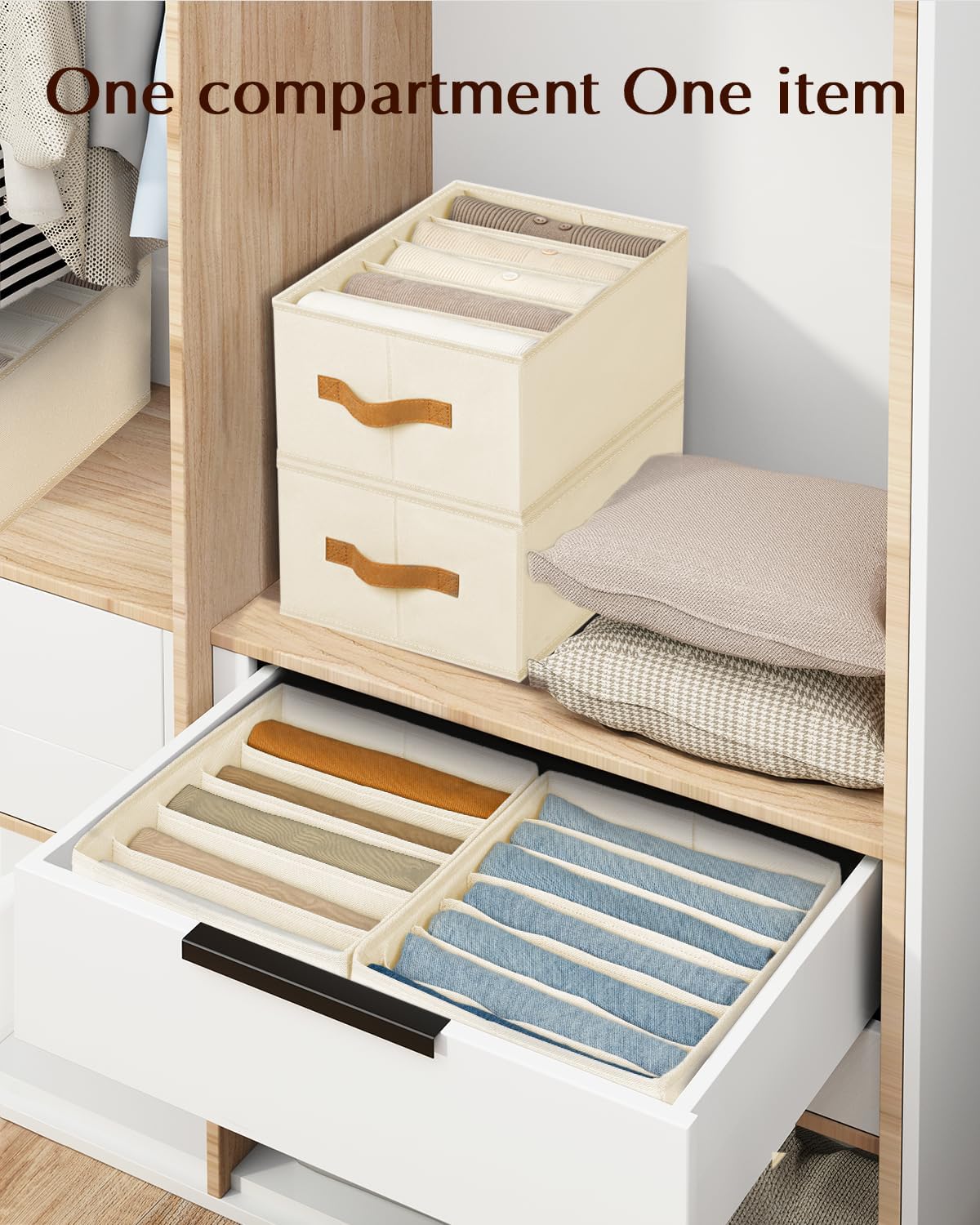 Clothes Organizers and Storage - 4/5/7 Grids Fabric Jeans Organizer with Handles, Foldable Closet Organizers Dividers, Wardrobe organizer for Pant, Sweater, T-shirt, Scarf, Pale Grey