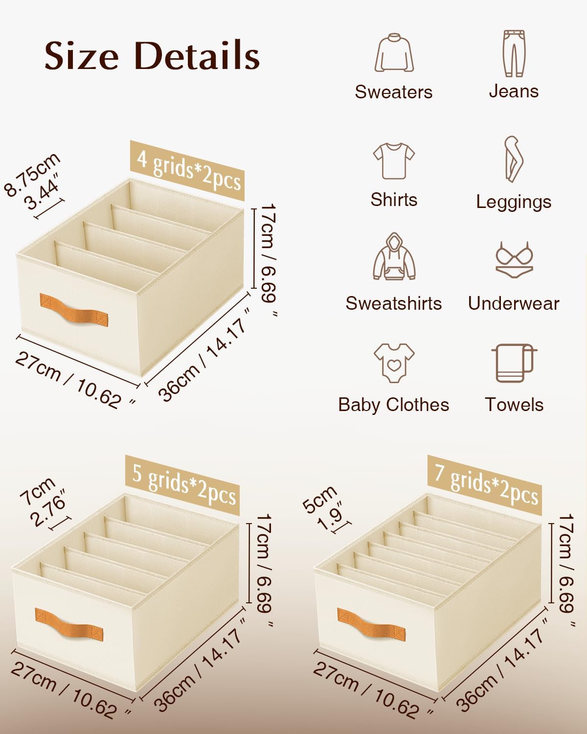 Clothes Organizers and Storage - 4/5/7 Grids Fabric Jeans Organizer with Handles, Foldable Closet Organizers Dividers, Wardrobe organizer for Pant, Sweater, T-shirt, Scarf, Pale Grey