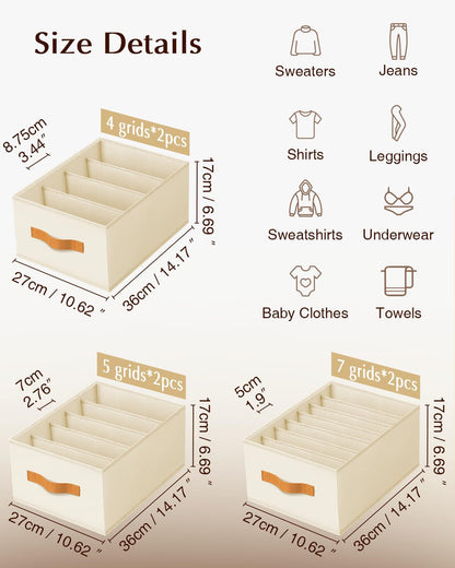 Clothes Organizers and Storage - 4/5/7 Grids Fabric Jeans Organizer with Handles, Foldable Closet Organizers Dividers, Wardrobe organizer for Pant, Sweater, T-shirt, Scarf, Pale Grey