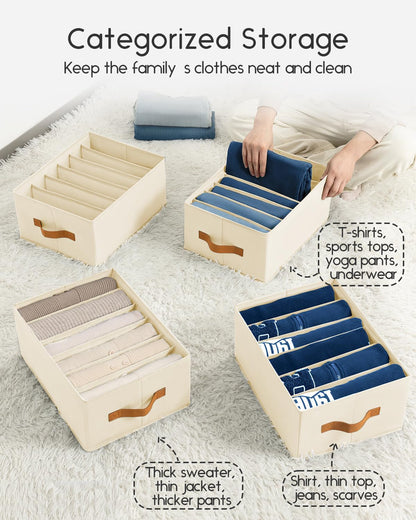 Clothes Organizers and Storage - 4/5/7 Grids Fabric Jeans Organizer with Handles, Foldable Closet Organizers Dividers, Wardrobe organizer for Pant, Sweater, T-shirt, Scarf, Pale Grey