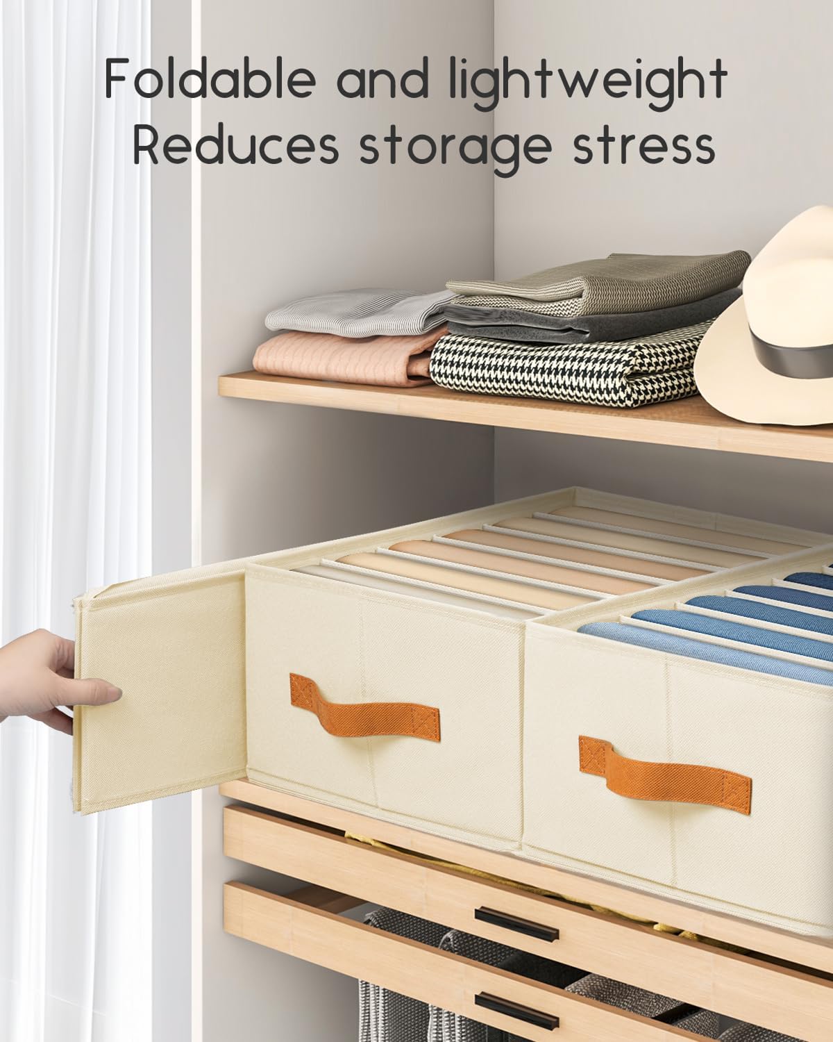 Clothes Organizers and Storage - 4/5/7 Grids Fabric Jeans Organizer with Handles, Foldable Closet Organizers Dividers, Wardrobe organizer for Pant, Sweater, T-shirt, Scarf, Pale Grey