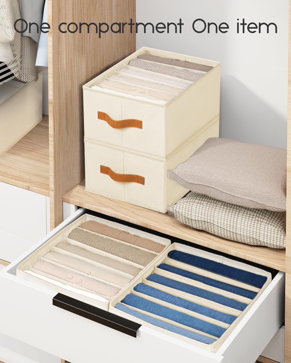 Clothes Organizers and Storage - 4/5/7 Grids Fabric Jeans Organizer with Handles, Foldable Closet Organizers Dividers, Wardrobe organizer for Pant, Sweater, T-shirt, Scarf, Pale Grey