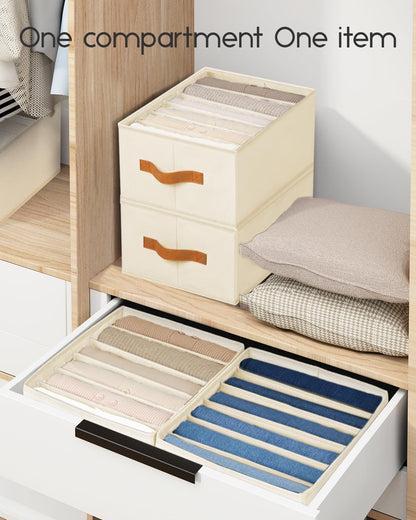 Clothes Organizers and Storage - 4/5/7 Grids Fabric Jeans Organizer with Handles, Foldable Closet Organizers Dividers, Wardrobe organizer for Pant, Sweater, T-shirt, Scarf, Pale Grey