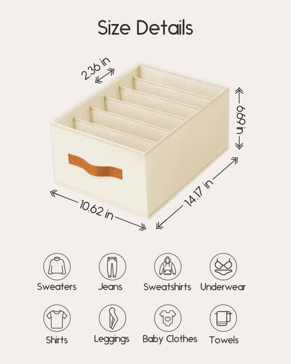 Clothes Organizers and Storage - 4/5/7 Grids Fabric Jeans Organizer with Handles, Foldable Closet Organizers Dividers, Wardrobe organizer for Pant, Sweater, T-shirt, Scarf, Pale Grey