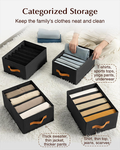 Clothes Organizers and Storage - 4/5/7 Grids Fabric Jeans Organizer with Handles, Foldable Closet Organizers Dividers, Wardrobe organizer for Pant, Sweater, T-shirt, Scarf, Pale Grey