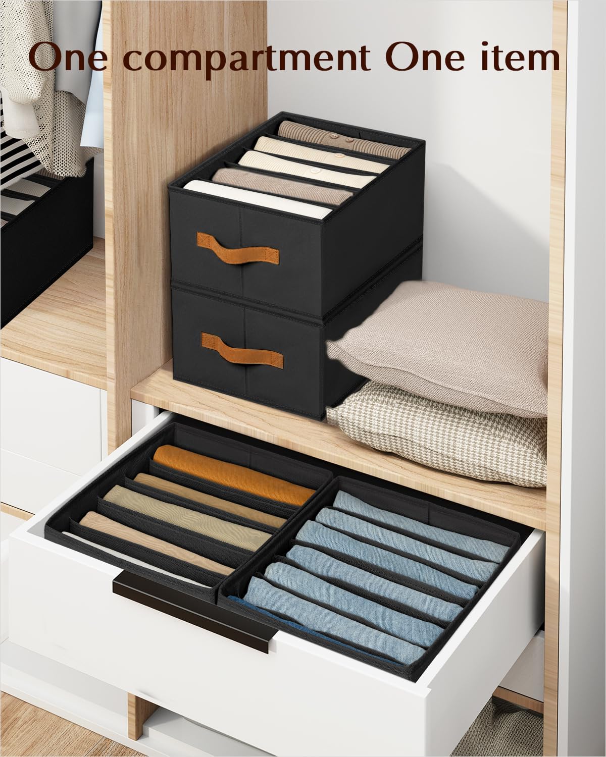 Clothes Organizers and Storage - 4/5/7 Grids Fabric Jeans Organizer with Handles, Foldable Closet Organizers Dividers, Wardrobe organizer for Pant, Sweater, T-shirt, Scarf, Pale Grey