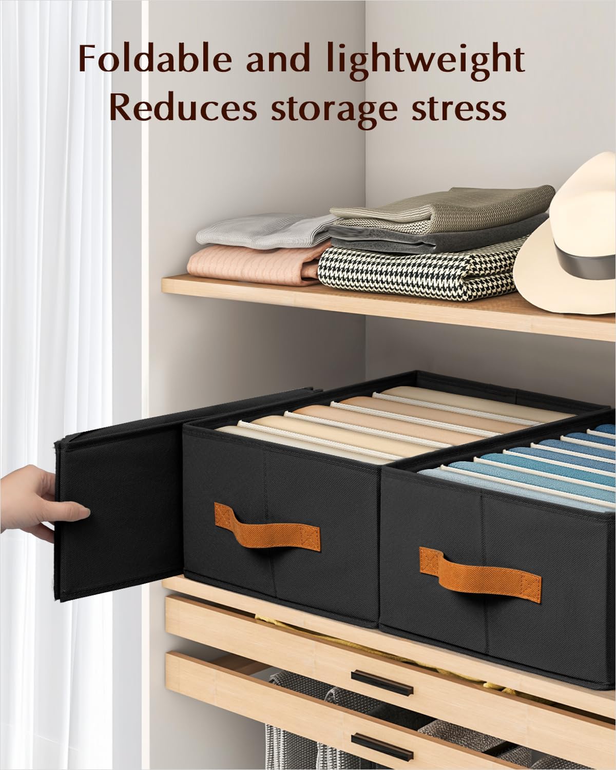 Clothes Organizers and Storage - 4/5/7 Grids Fabric Jeans Organizer with Handles, Foldable Closet Organizers Dividers, Wardrobe organizer for Pant, Sweater, T-shirt, Scarf, Pale Grey