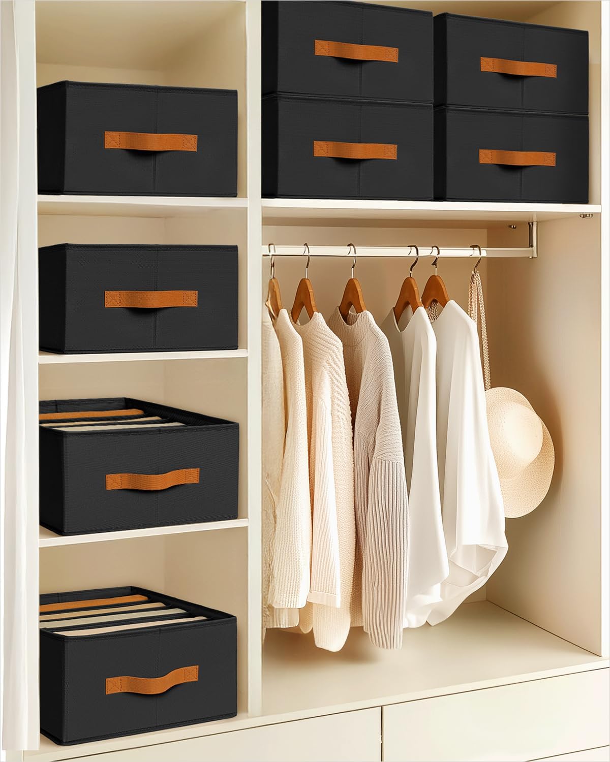 Clothes Organizers and Storage - 4/5/7 Grids Fabric Jeans Organizer with Handles, Foldable Closet Organizers Dividers, Wardrobe organizer for Pant, Sweater, T-shirt, Scarf, Pale Grey