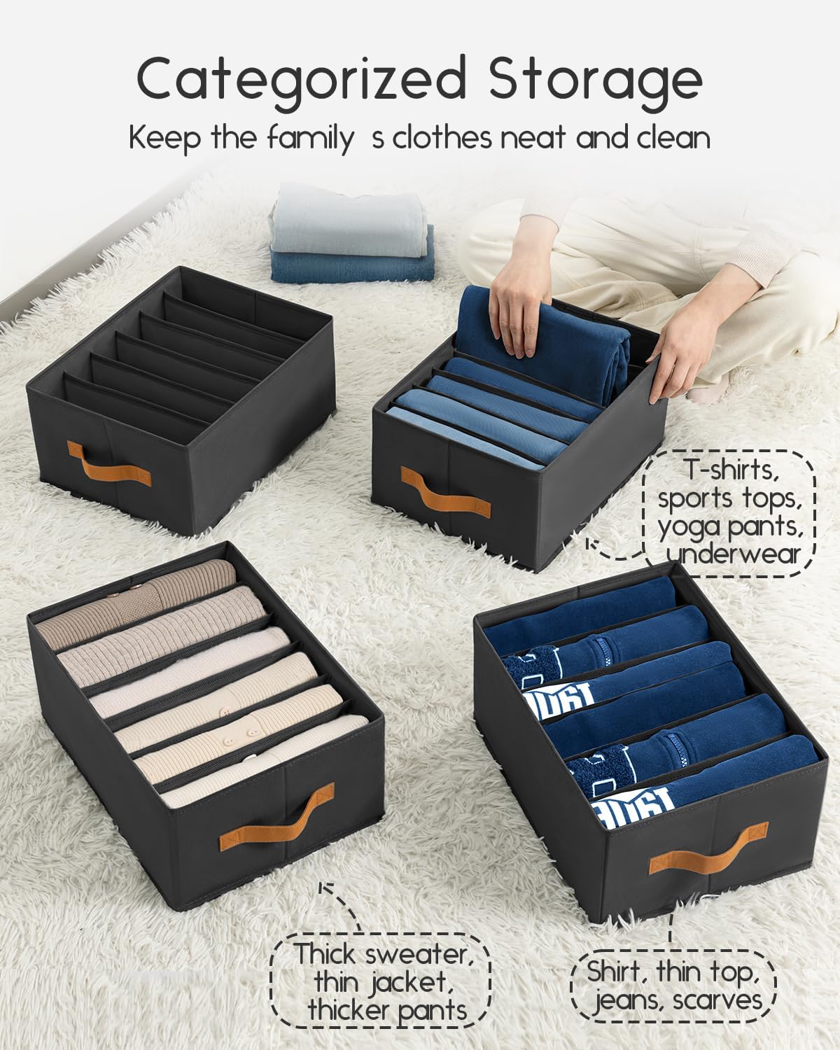 Clothes Organizers and Storage - 4/5/7 Grids Fabric Jeans Organizer with Handles, Foldable Closet Organizers Dividers, Wardrobe organizer for Pant, Sweater, T-shirt, Scarf, Pale Grey