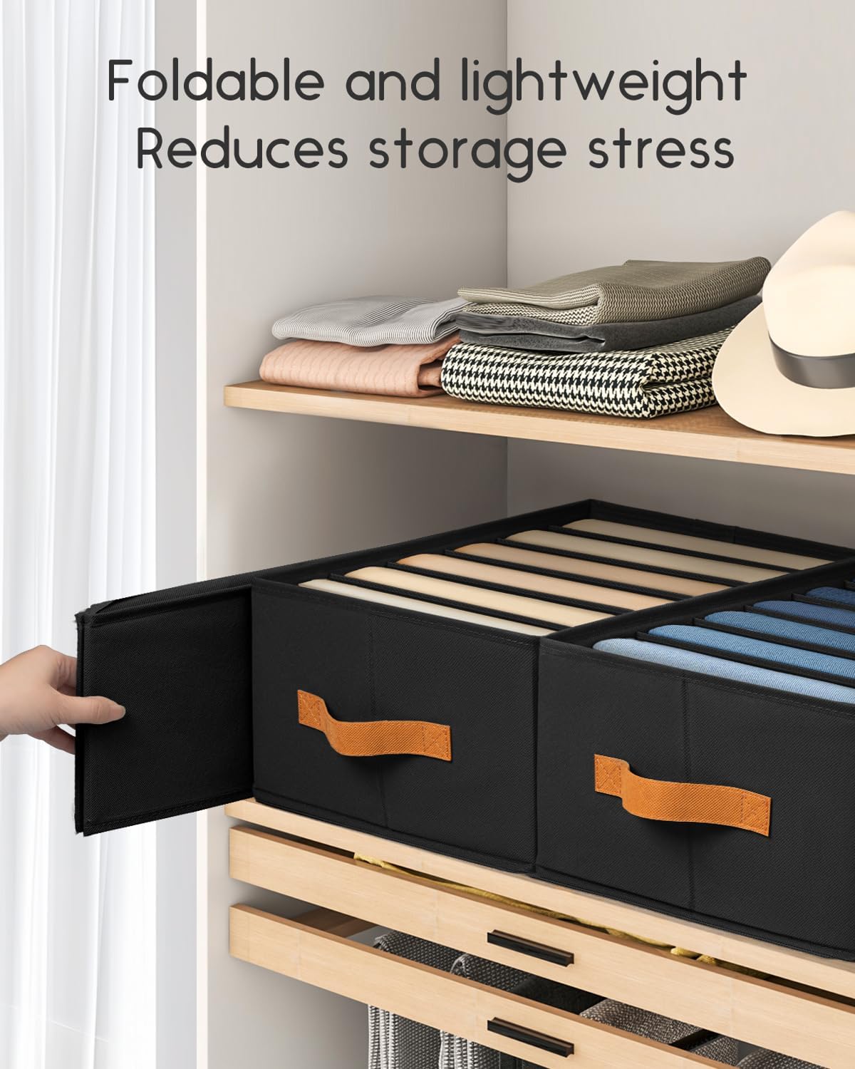 Clothes Organizers and Storage - 4/5/7 Grids Fabric Jeans Organizer with Handles, Foldable Closet Organizers Dividers, Wardrobe organizer for Pant, Sweater, T-shirt, Scarf, Pale Grey