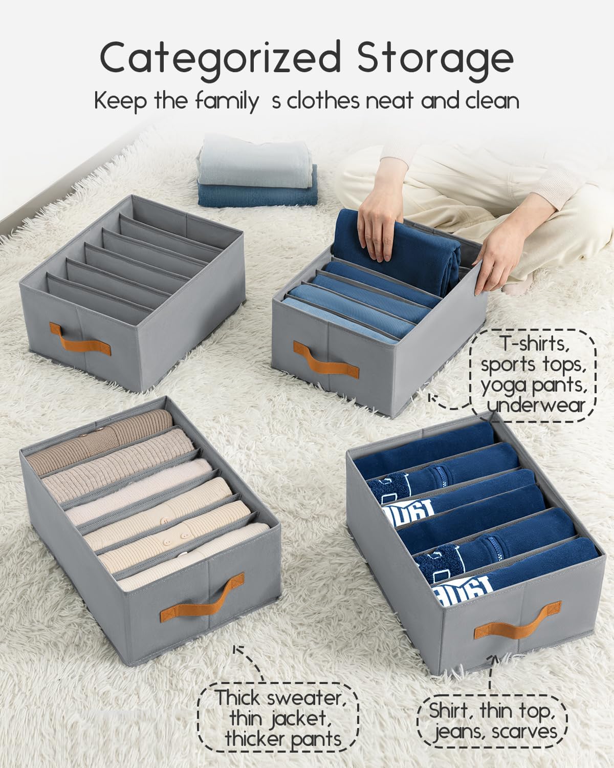 Clothes Organizers and Storage - 4/5/7 Grids Fabric Jeans Organizer with Handles, Foldable Closet Organizers Dividers, Wardrobe organizer for Pant, Sweater, T-shirt, Scarf, Pale Grey