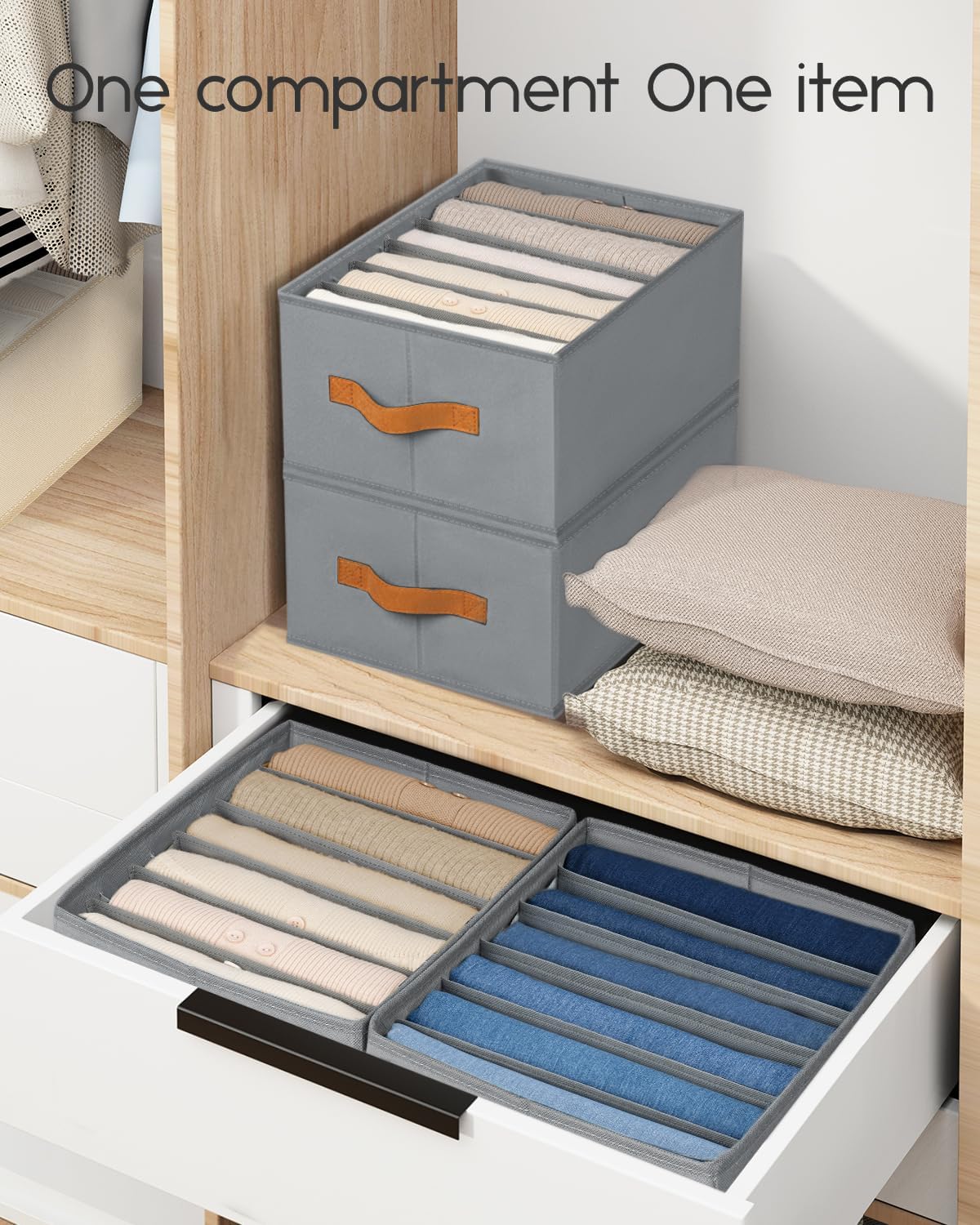 Clothes Organizers and Storage - 4/5/7 Grids Fabric Jeans Organizer with Handles, Foldable Closet Organizers Dividers, Wardrobe organizer for Pant, Sweater, T-shirt, Scarf, Pale Grey