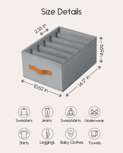 Clothes Organizers and Storage - 4/5/7 Grids Fabric Jeans Organizer with Handles, Foldable Closet Organizers Dividers, Wardrobe organizer for Pant, Sweater, T-shirt, Scarf, Pale Grey