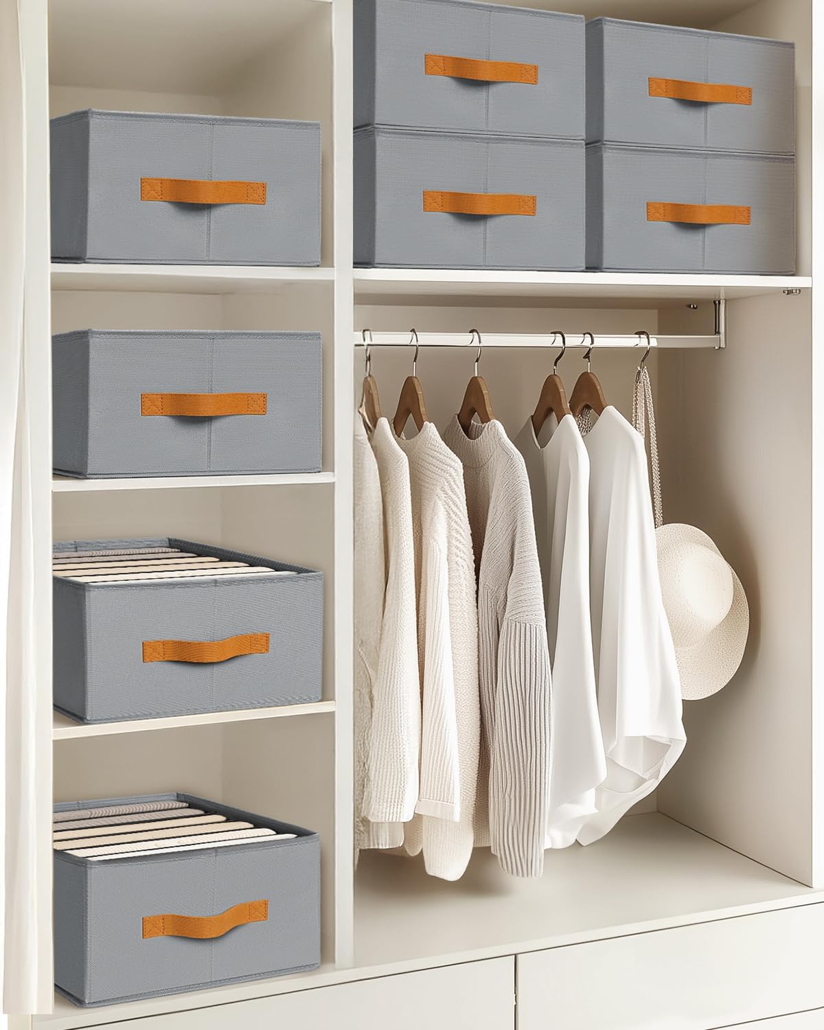 Clothes Organizers and Storage - 4/5/7 Grids Fabric Jeans Organizer with Handles, Foldable Closet Organizers Dividers, Wardrobe organizer for Pant, Sweater, T-shirt, Scarf, Pale Grey