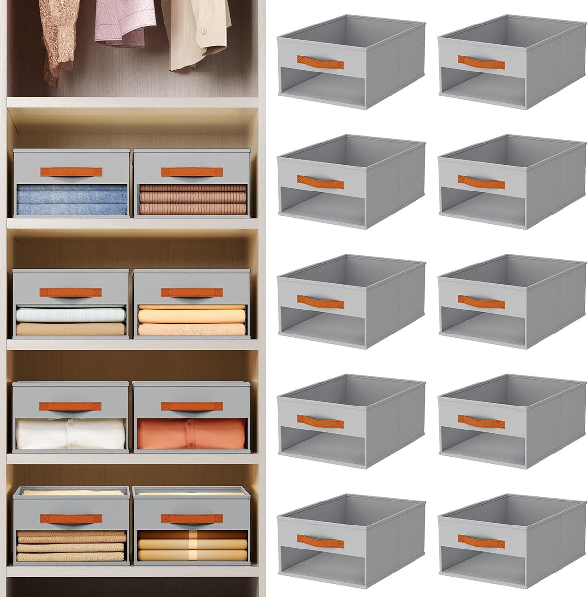 Clothes Organizers and Storage - 4/5/7 Grids Fabric Jeans Organizer with Handles, Foldable Closet Organizers Dividers, Wardrobe organizer for Pant, Sweater, T-shirt, Scarf, Pale Grey