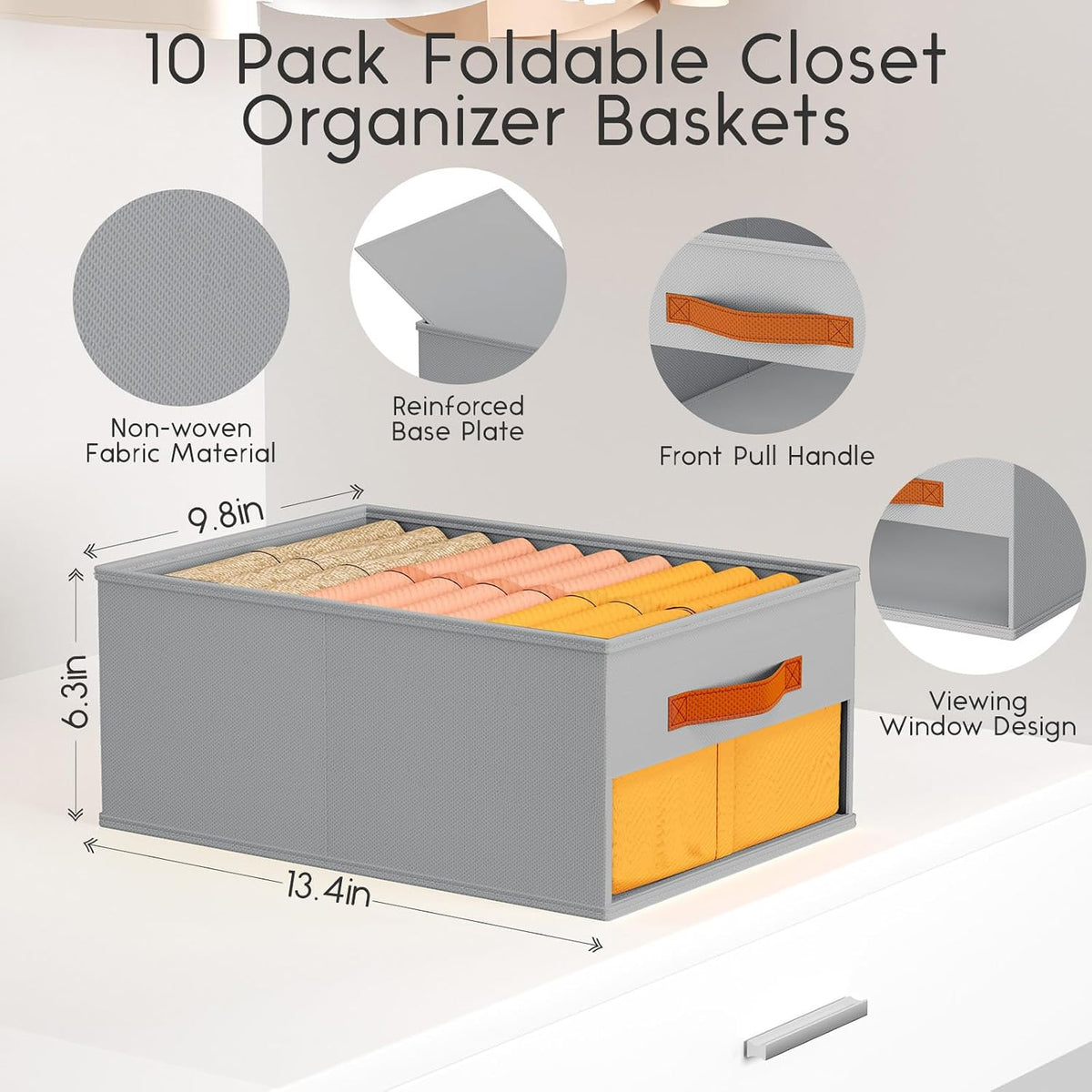 Clothes Organizers and Storage - 4/5/7 Grids Fabric Jeans Organizer with Handles, Foldable Closet Organizers Dividers, Wardrobe organizer for Pant, Sweater, T-shirt, Scarf, Pale Grey