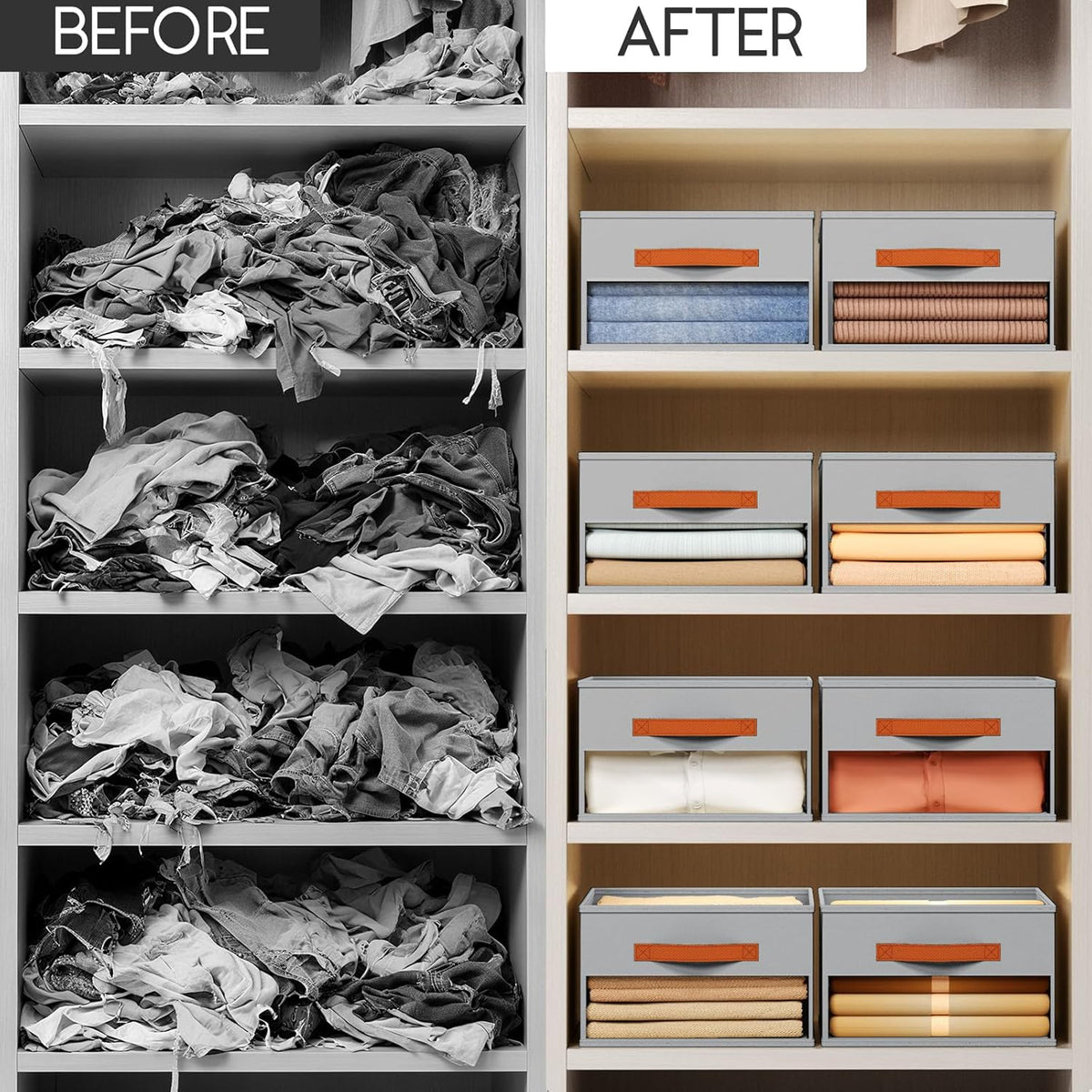 Clothes Organizers and Storage - 4/5/7 Grids Fabric Jeans Organizer with Handles, Foldable Closet Organizers Dividers, Wardrobe organizer for Pant, Sweater, T-shirt, Scarf, Pale Grey