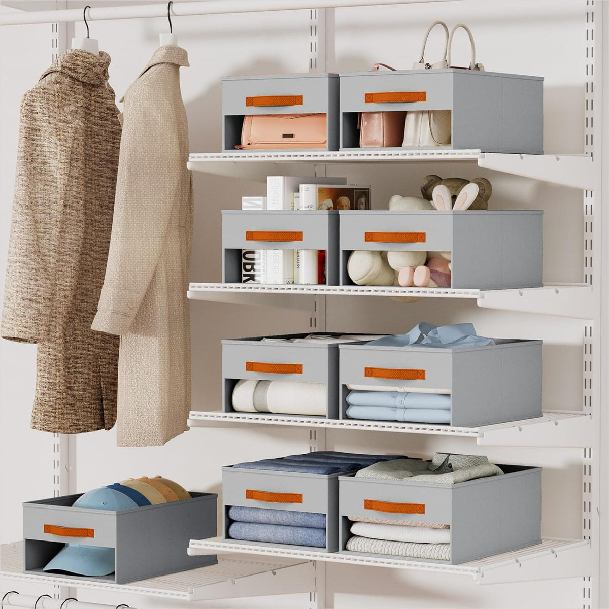Clothes Organizers and Storage - 4/5/7 Grids Fabric Jeans Organizer with Handles, Foldable Closet Organizers Dividers, Wardrobe organizer for Pant, Sweater, T-shirt, Scarf, Pale Grey