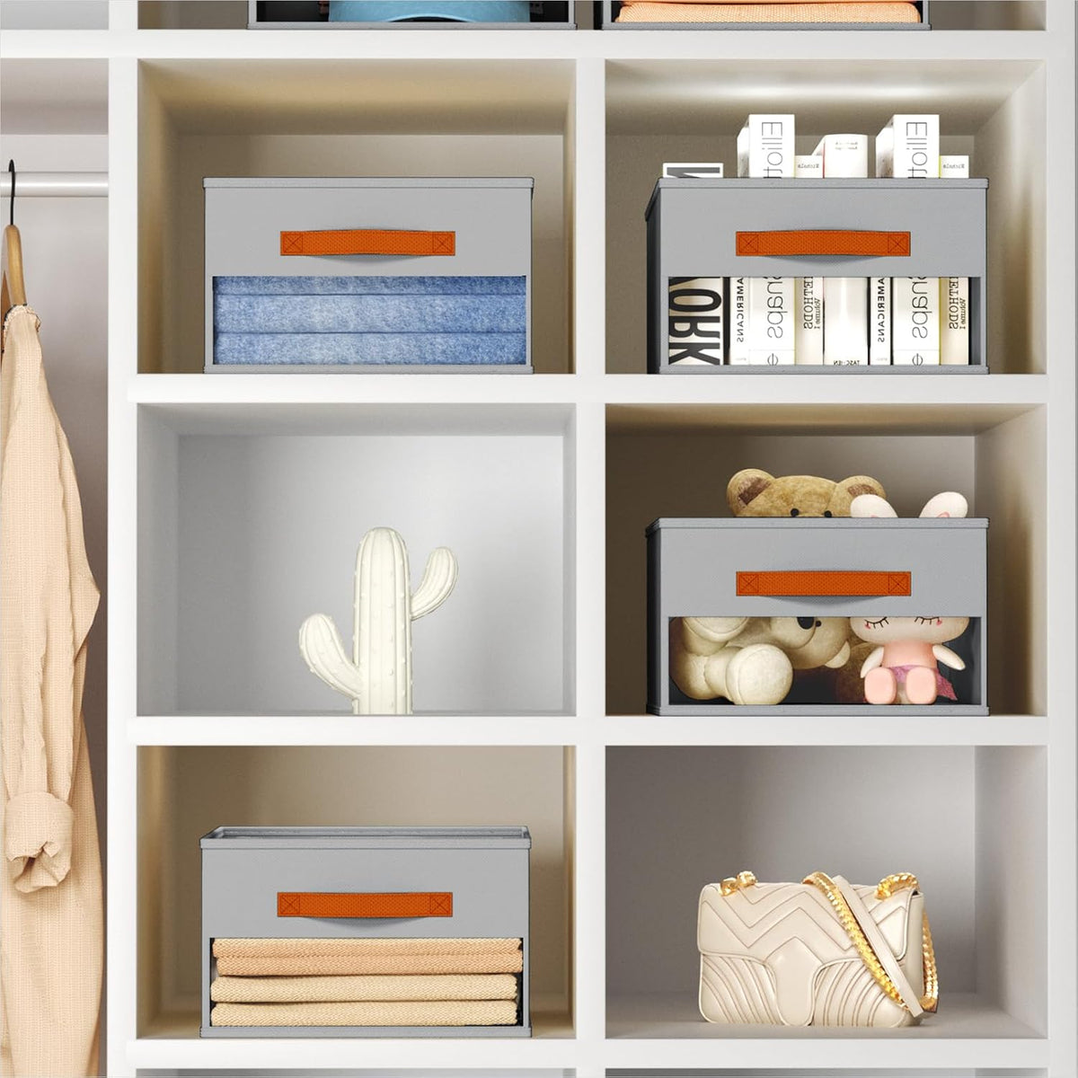 Clothes Organizers and Storage - 4/5/7 Grids Fabric Jeans Organizer with Handles, Foldable Closet Organizers Dividers, Wardrobe organizer for Pant, Sweater, T-shirt, Scarf, Pale Grey
