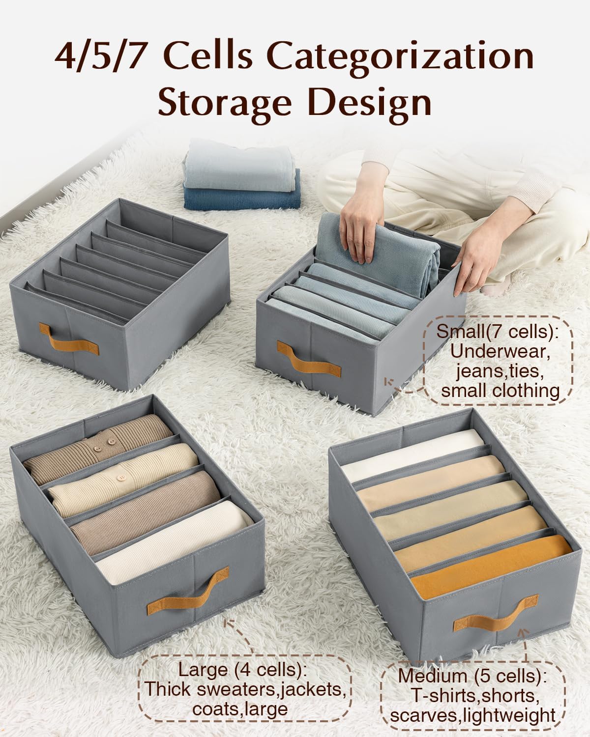 Clothes Organizers and Storage - 4/5/7 Grids Fabric Jeans Organizer with Handles, Foldable Closet Organizers Dividers, Wardrobe organizer for Pant, Sweater, T-shirt, Scarf, Pale Grey