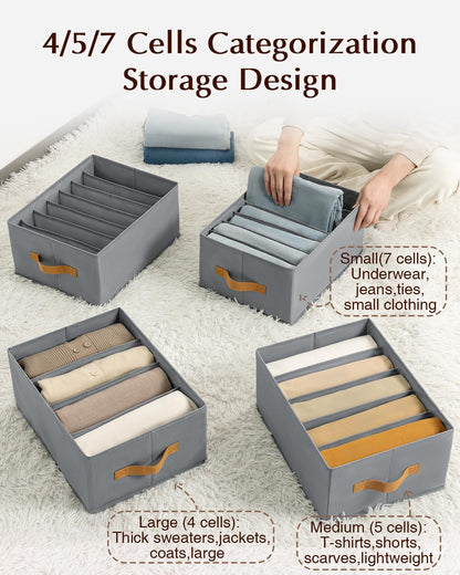 Clothes Organizers and Storage - 4/5/7 Grids Fabric Jeans Organizer with Handles, Foldable Closet Organizers Dividers, Wardrobe organizer for Pant, Sweater, T-shirt, Scarf, Pale Grey