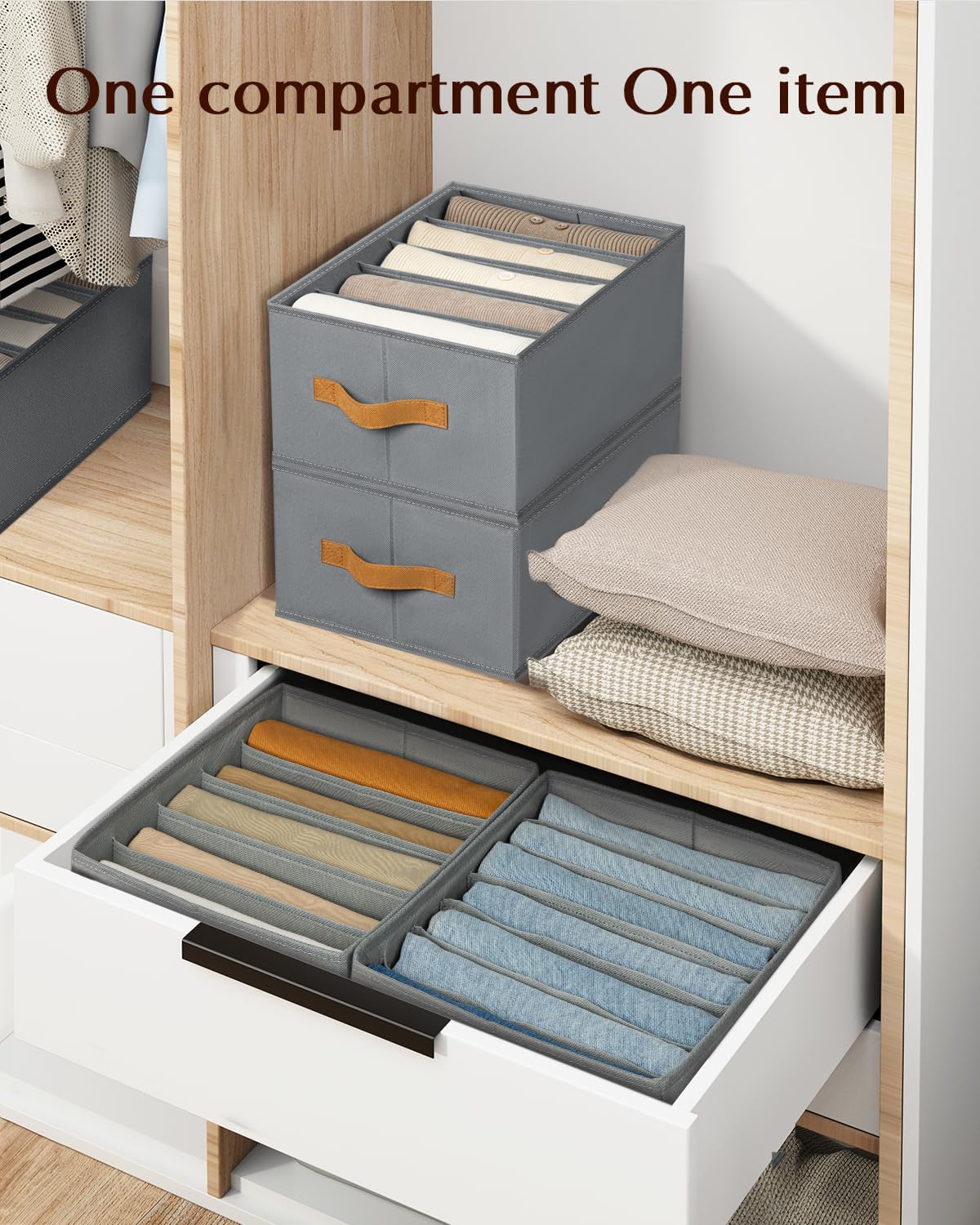 Clothes Organizers and Storage - 4/5/7 Grids Fabric Jeans Organizer with Handles, Foldable Closet Organizers Dividers, Wardrobe organizer for Pant, Sweater, T-shirt, Scarf, Pale Grey