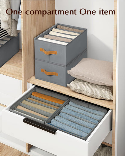 Clothes Organizers and Storage - 4/5/7 Grids Fabric Jeans Organizer with Handles, Foldable Closet Organizers Dividers, Wardrobe organizer for Pant, Sweater, T-shirt, Scarf, Pale Grey