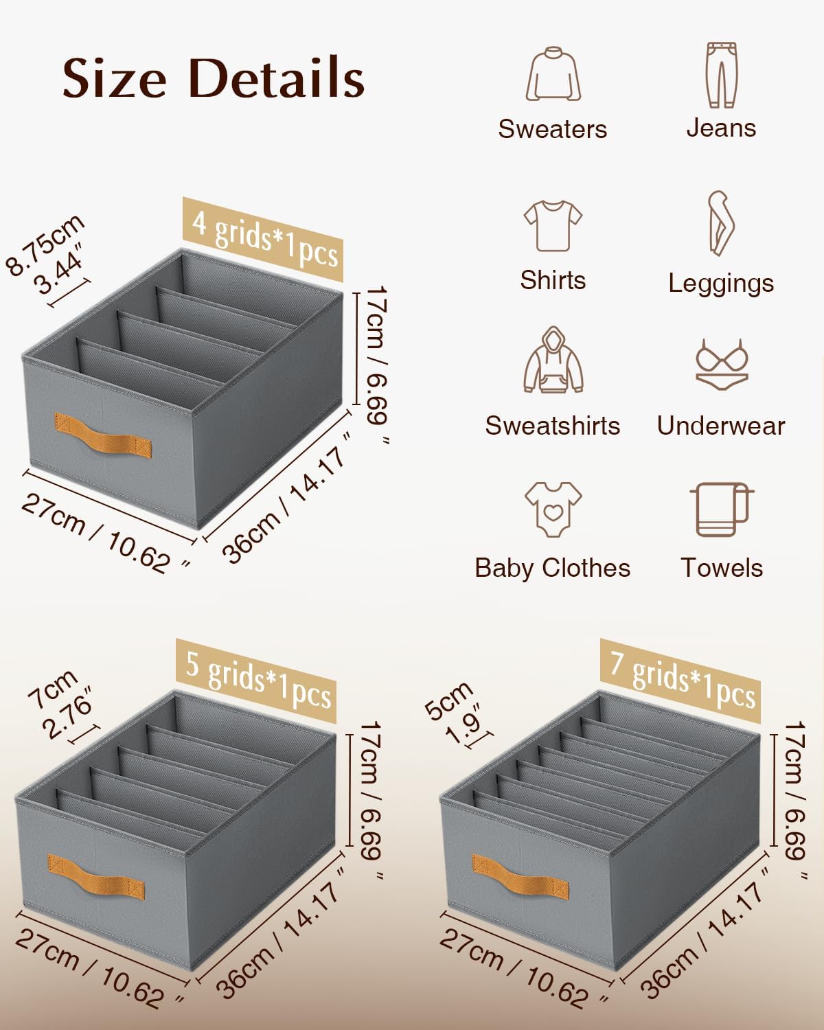 Clothes Organizers and Storage - 4/5/7 Grids Fabric Jeans Organizer with Handles, Foldable Closet Organizers Dividers, Wardrobe organizer for Pant, Sweater, T-shirt, Scarf, Pale Grey