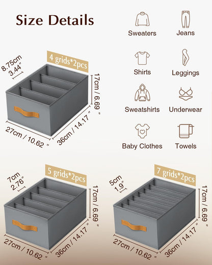 Clothes Organizers and Storage - 4/5/7 Grids Fabric Jeans Organizer with Handles, Foldable Closet Organizers Dividers, Wardrobe organizer for Pant, Sweater, T-shirt, Scarf, Pale Grey