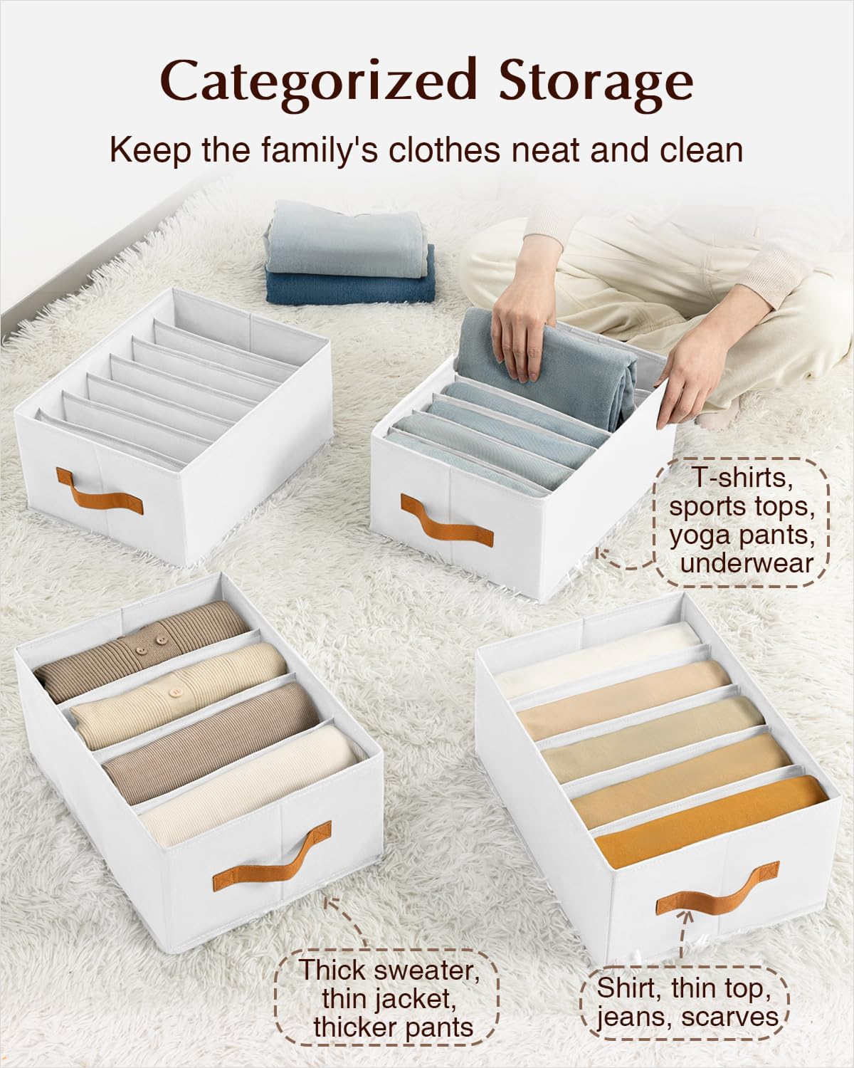 Clothes Organizers and Storage - 4/5/7 Grids Fabric Jeans Organizer with Handles, Foldable Closet Organizers Dividers, Wardrobe organizer for Pant, Sweater, T-shirt, Scarf, Pale Grey