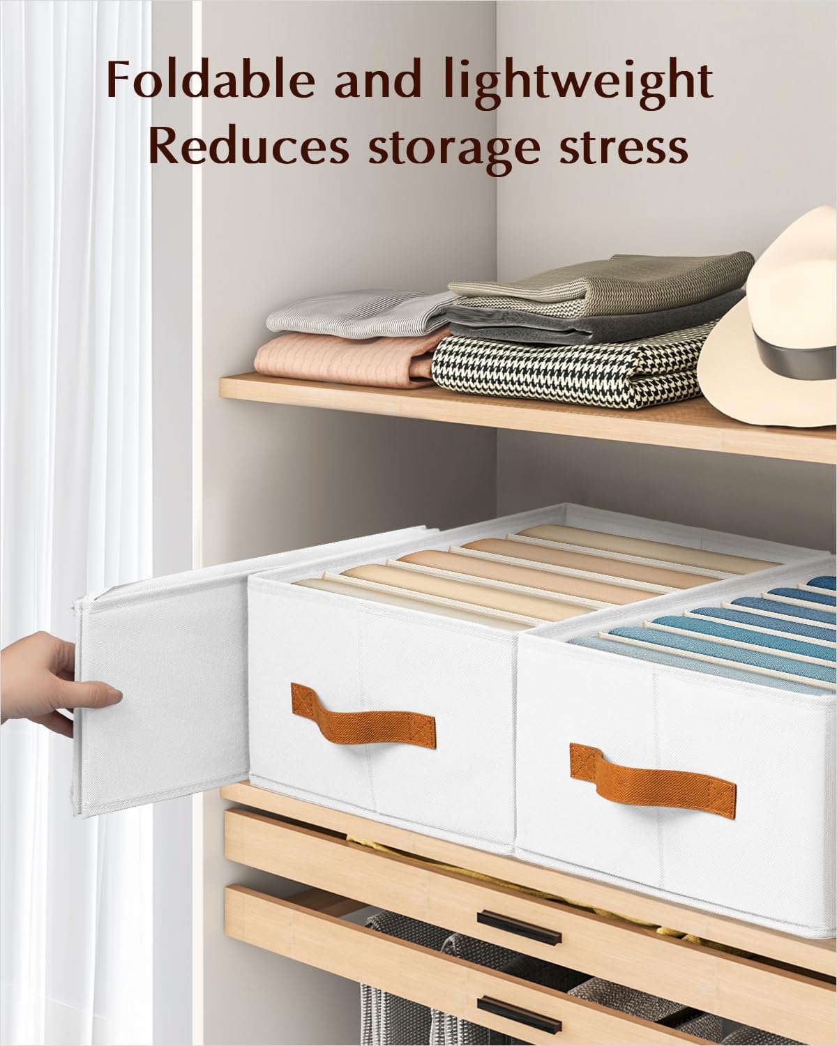 Clothes Organizers and Storage - 4/5/7 Grids Fabric Jeans Organizer with Handles, Foldable Closet Organizers Dividers, Wardrobe organizer for Pant, Sweater, T-shirt, Scarf, Pale Grey