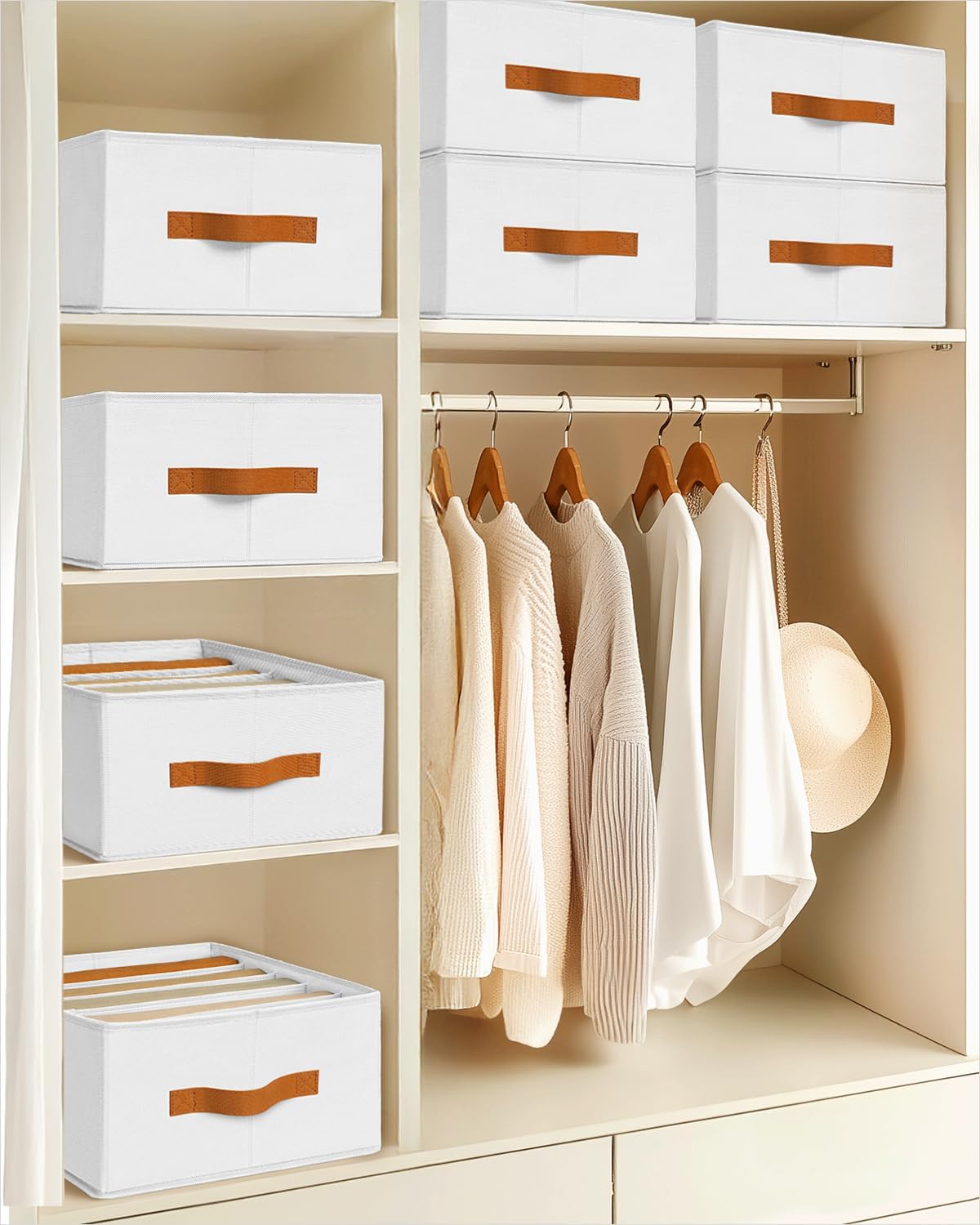 Clothes Organizers and Storage - 4/5/7 Grids Fabric Jeans Organizer with Handles, Foldable Closet Organizers Dividers, Wardrobe organizer for Pant, Sweater, T-shirt, Scarf, Pale Grey