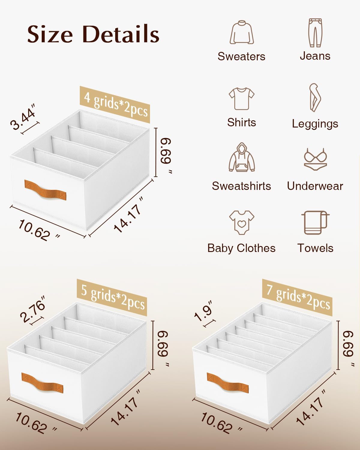 Clothes Organizers and Storage - 4/5/7 Grids Fabric Jeans Organizer with Handles, Foldable Closet Organizers Dividers, Wardrobe organizer for Pant, Sweater, T-shirt, Scarf, Pale Grey