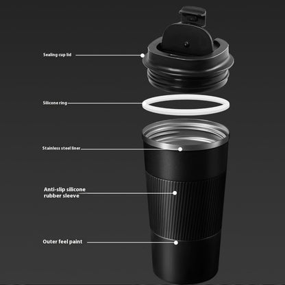 Leak-Proof Stainless Steel Coffee Tumbler - 18oz Insulated Mug with Anti-Slip Grip for Travel & Office (Black)