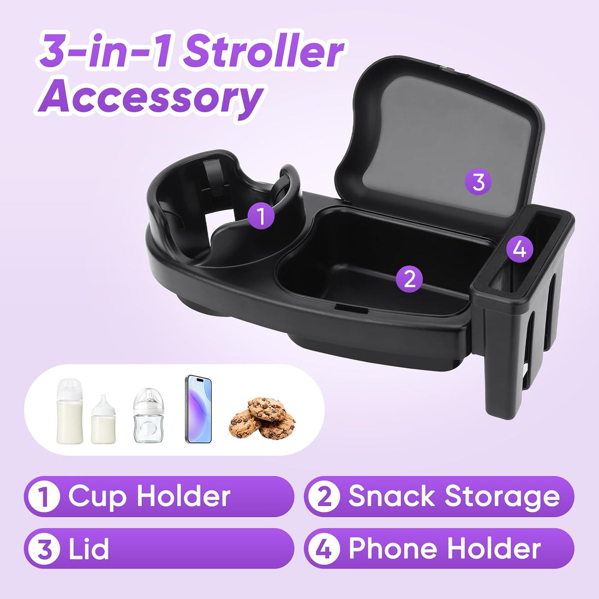 Universal Stroller Snack Tray, 3 in 1 Stroller Cup Holder