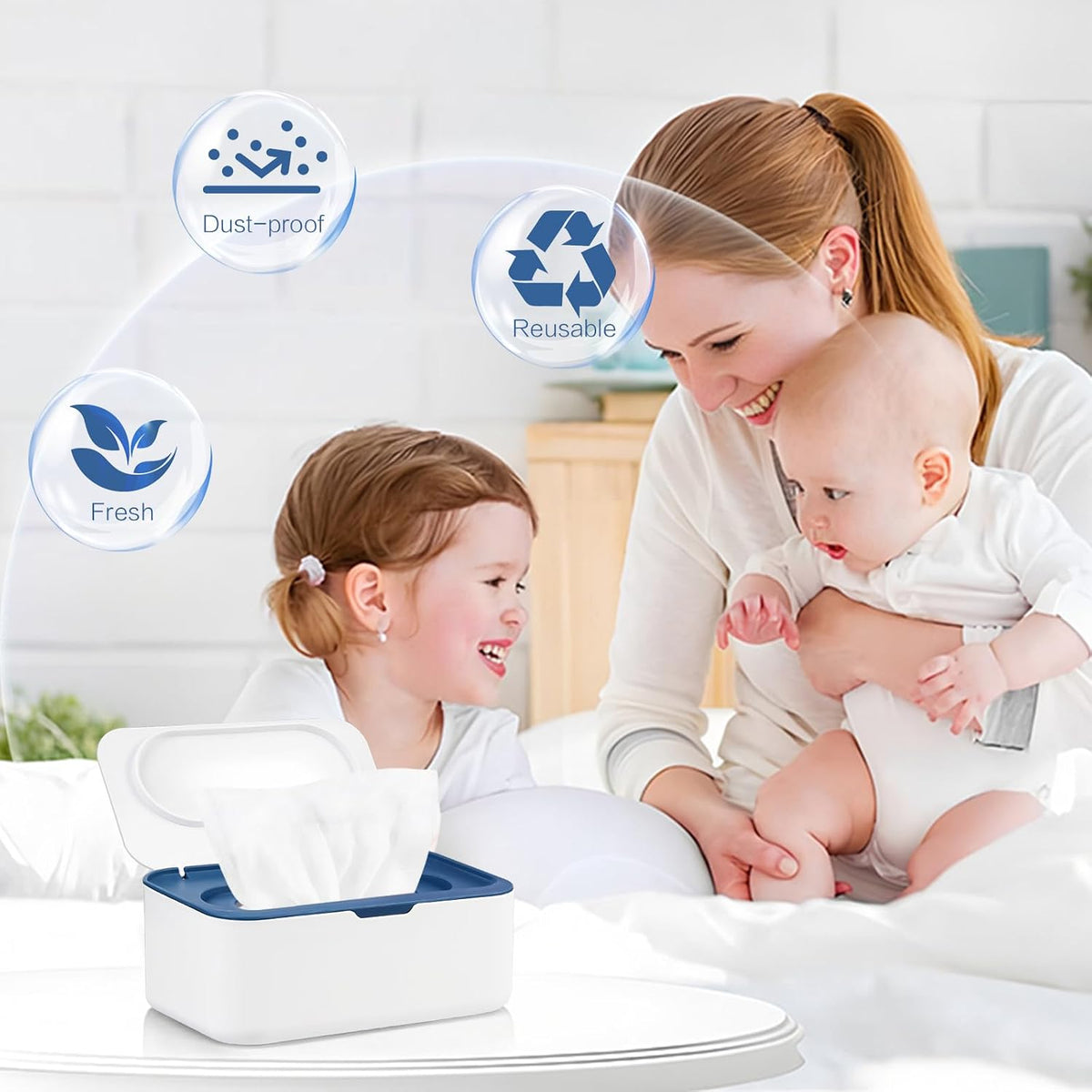 2Pcs Wipe Dispenser Reusable Baby Wipe Holder Container (Blue/Gray)