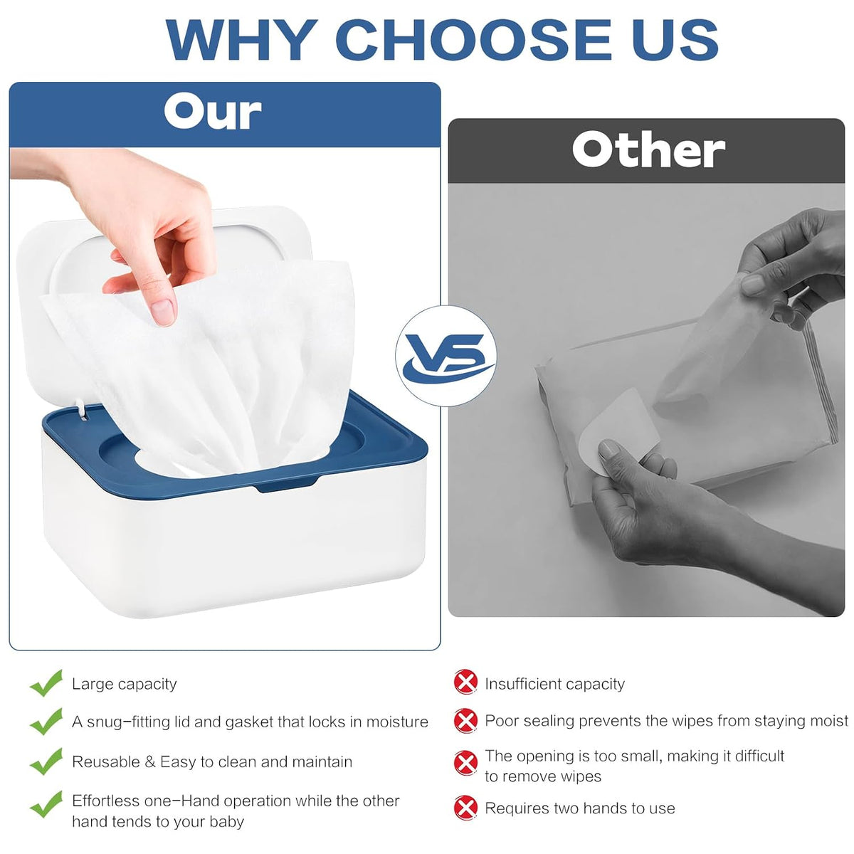2Pcs Wipe Dispenser Reusable Baby Wipe Holder Container (Blue/Gray)