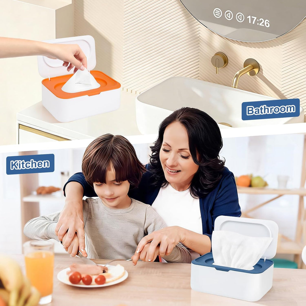 2Pcs Wipe Dispenser Reusable Baby Wipe Holder Container (Blue/Gray)