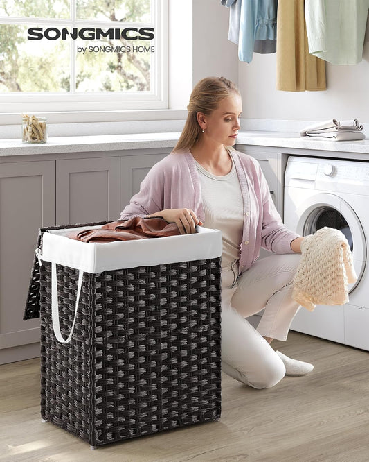 SONGMICS Laundry Hamper with Lid, 23.8 Gal (90 L) Synthetic Rattan,Foldable