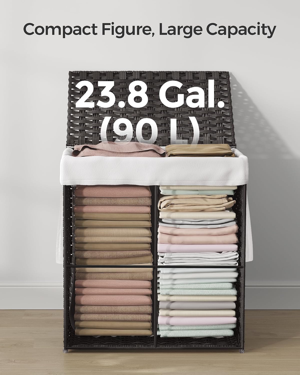SONGMICS Laundry Hamper with Lid, 23.8 Gal (90 L) Synthetic Rattan,Foldable