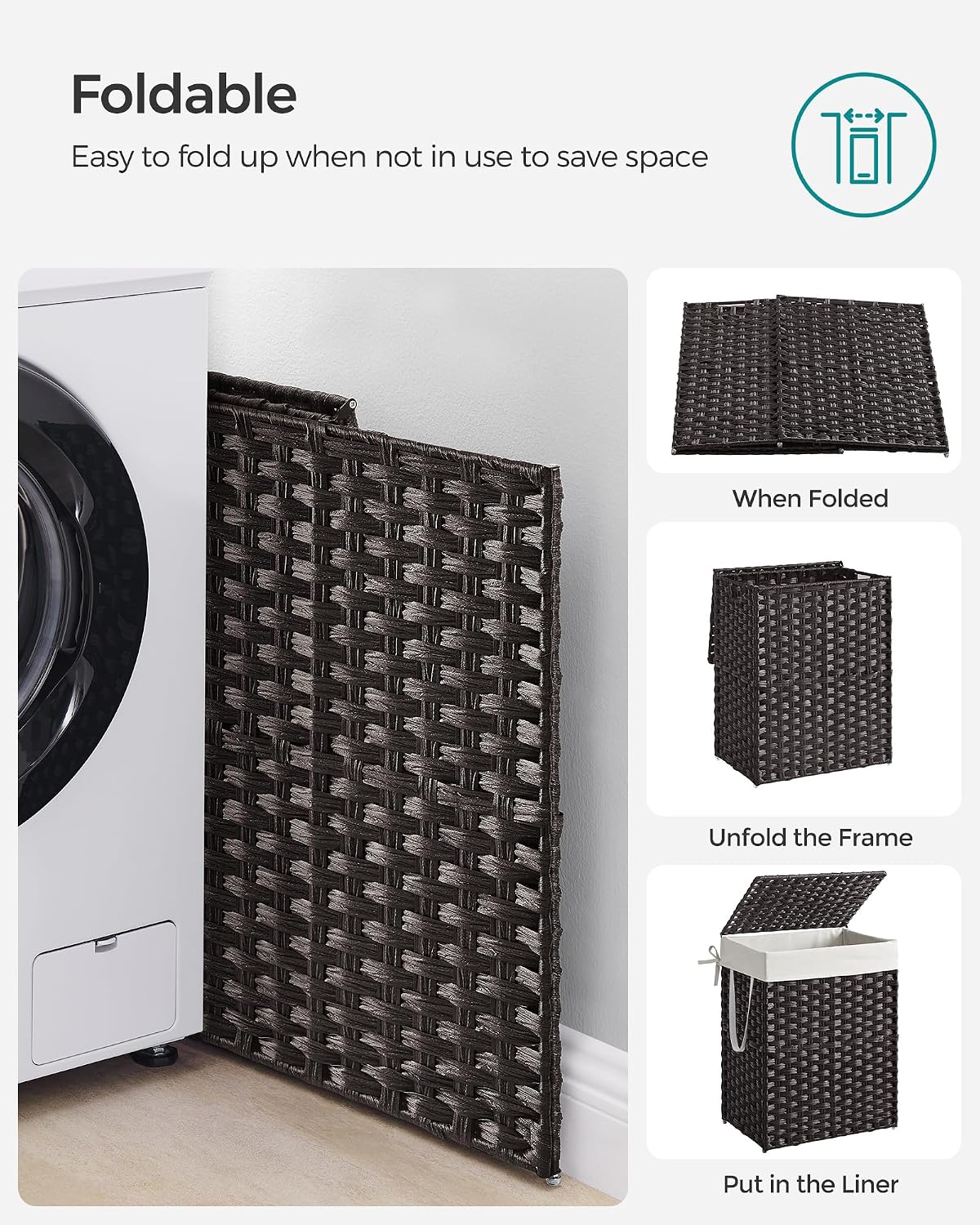 SONGMICS Laundry Hamper with Lid, 23.8 Gal (90 L) Synthetic Rattan,Foldable