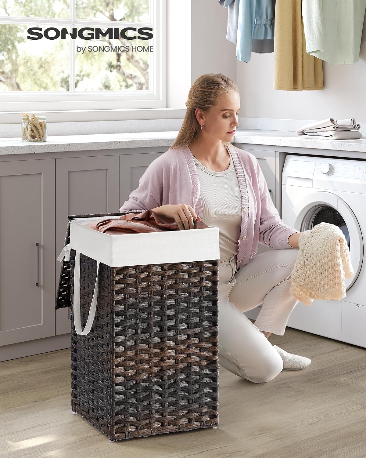 SONGMICS Laundry Hamper with Lid, 23.8 Gal (90 L) Synthetic Rattan,Foldable