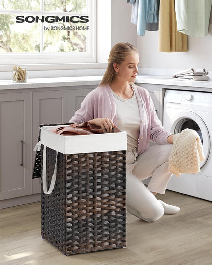 SONGMICS Laundry Hamper with Lid, 23.8 Gal (90 L) Synthetic Rattan,Foldable
